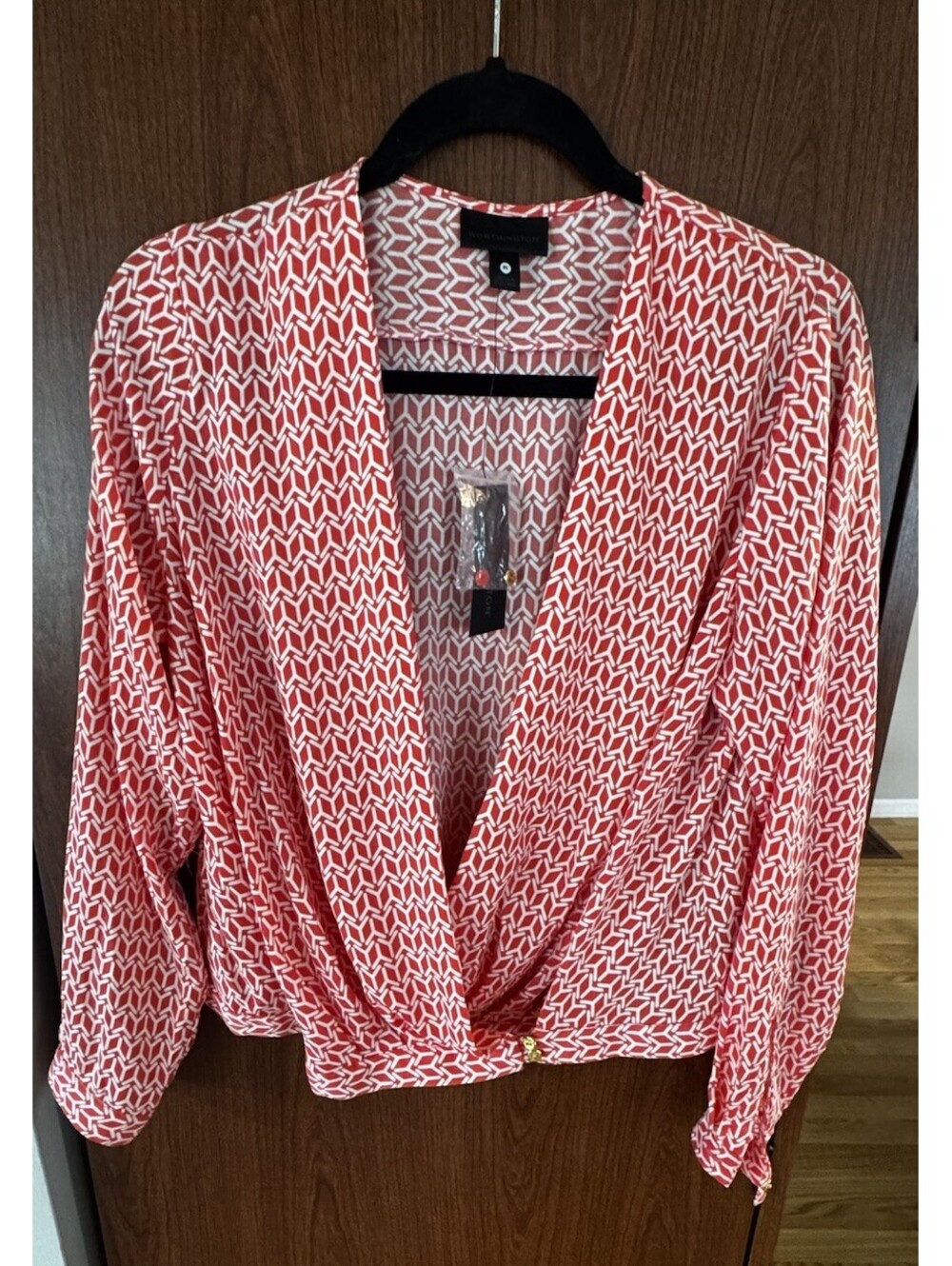 Worthington Womens PL Petite Large Blouse NWT Fusion Pink Geometric Wrap Front
